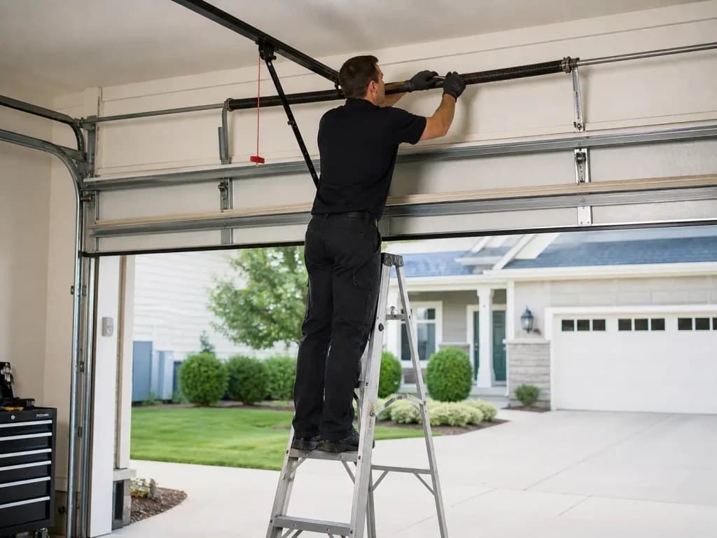 Anchored technician servicing a garage door spring.