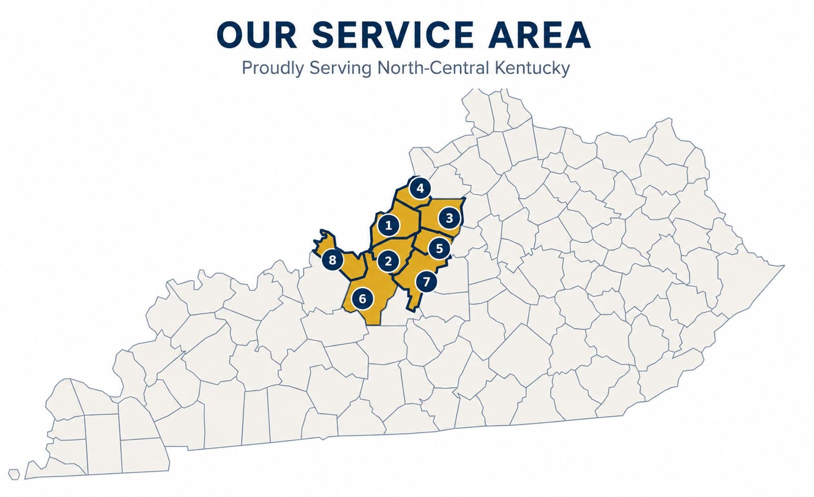 Map of Kentucky showing Anchored's eight-county service area in north-central Kentucky.